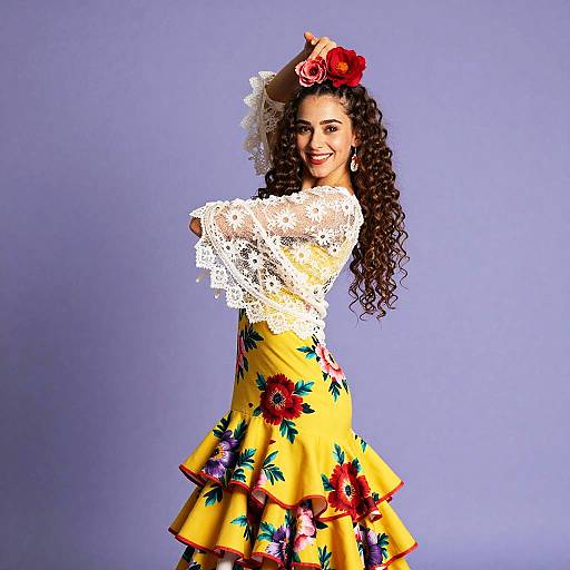 Woman in Floral Yellow Flamenco Dress with Lace Top and Flowers in Hair