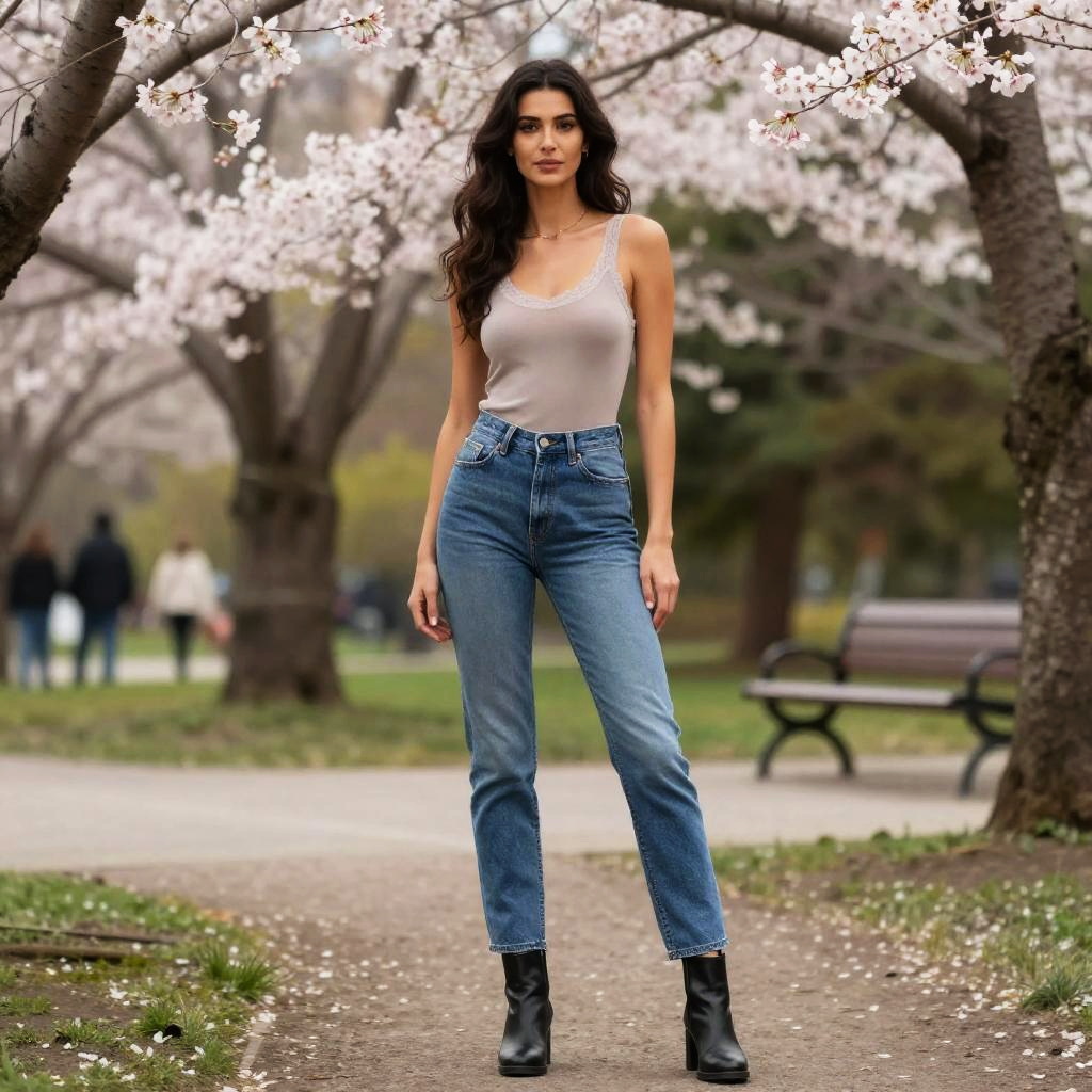 Young Woman in Casual Spring Outfit Under Cherry Blossom Trees