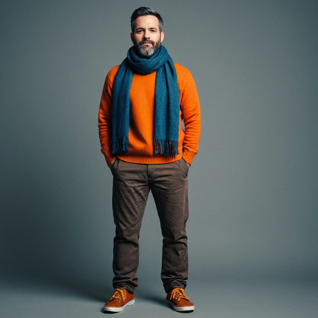Confident Man in Orange Sweater and Blue Scarf Confident Man in Orange Sweater and Blue Scarf