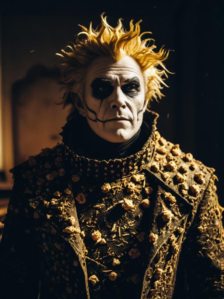 Man Cosplay Wearing Realistic Crust Punk Costume with Spiked Jacket and Skeleton Makeup