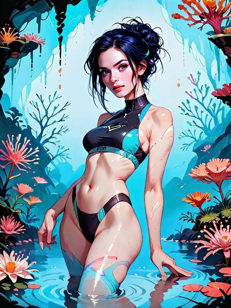 Digital Art of Woman in Black and Teal Bikini in Fantasy Water Scene