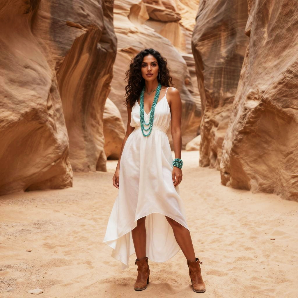 Woman in White Bohemian Dress and Turquoise Jewelry in Desert Canyon
