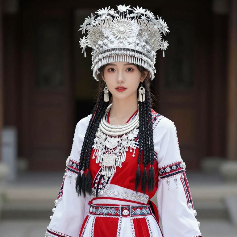 Traditional Miao Ethnic Woman in Silver Headdress and Red Costume
