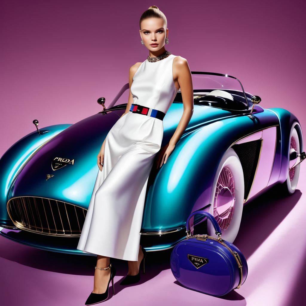 Fashion Model with Prada Accessories and Classic Sports Car