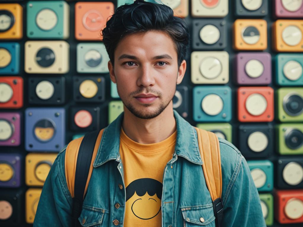 Adventure Time Inspired Man in Yellow T-Shirt with Cassette Tapes