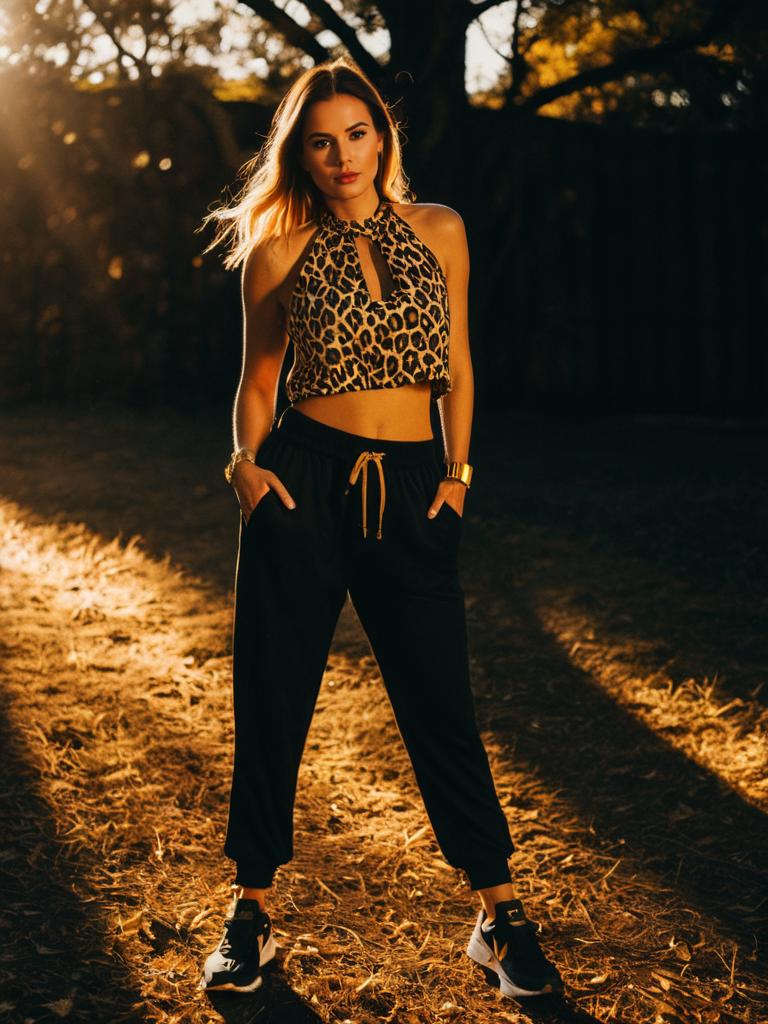 Edgy Leopard Print Halter Top High Neckline Sleeveless Crop with Black Joggers
