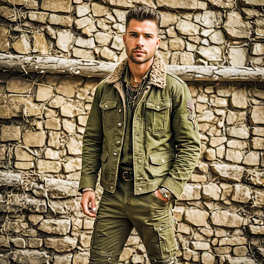 Stylish Man in Military-Inspired Olive Green Jacket and Cargo Pants Outdoors