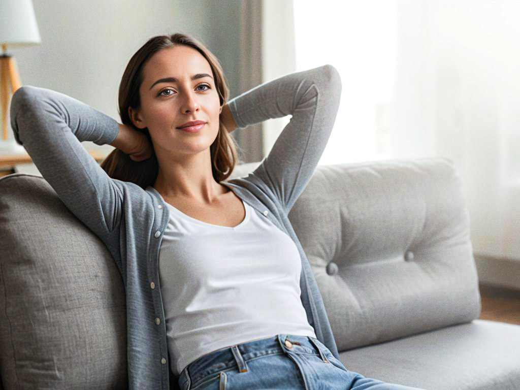 Relaxed young woman on gray sofa