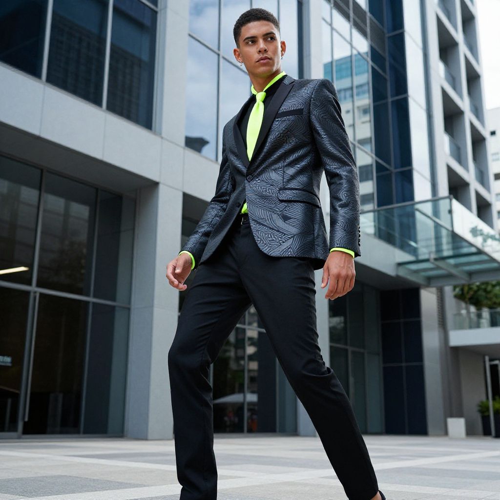 Stylish Man in Black Textured Suit and Neon Green Tie in Urban Setting