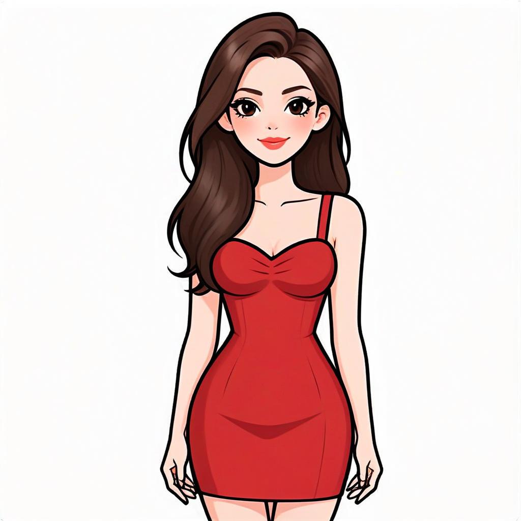 Digital Illustration of Woman in Red Bodycon Dress with Pretty Face and Hair