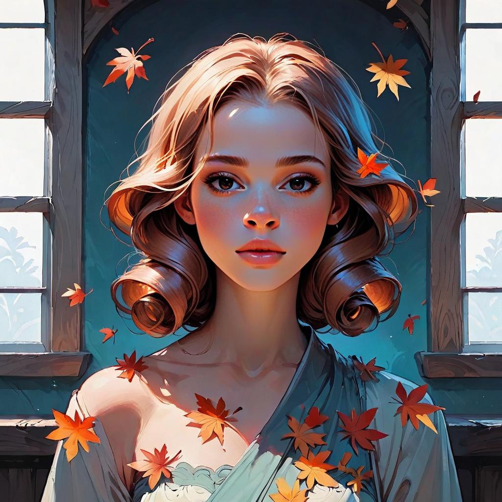 Autumn Portrait of a Woman with Falling Leaves Digital Painting