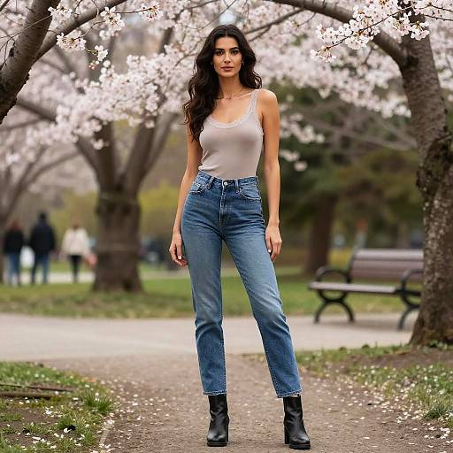 Young Woman in Casual Spring Outfit Under Cherry Blossom Trees