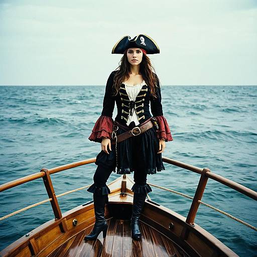 Woman in Pirate Princess Costume Standing on Boat at Sea