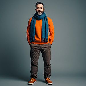 Confident Man in Orange Sweater and Blue Scarf