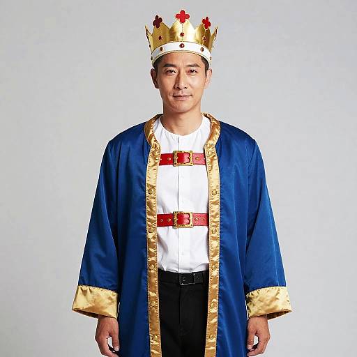 Man in Regal King Costume with Blue and Gold Robe and Crown