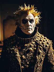 Man Cosplay Wearing Realistic Crust Punk Costume with Spiked Jacket and Skeleton Makeup