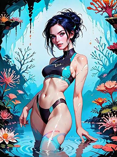 Digital Art of Woman in Black and Teal Bikini in Fantasy Water Scene