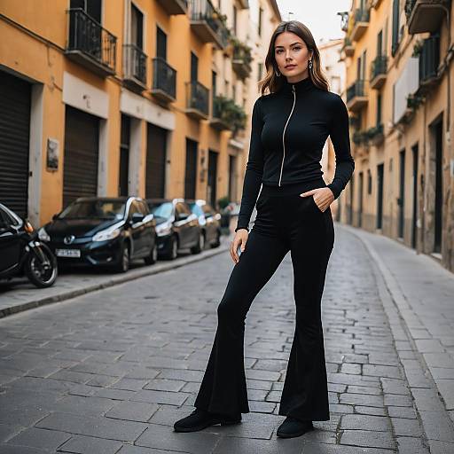 Stylish Woman in Black Flared Pants and Zip-Up Top on Urban Street