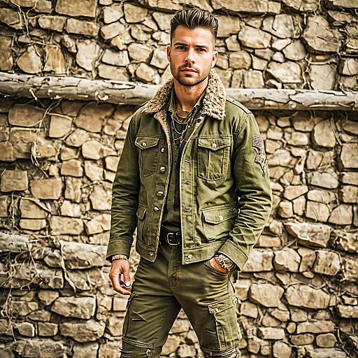 Stylish Man in Military-Inspired Olive Green Jacket and Cargo Pants Outdoors