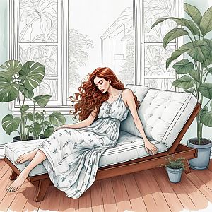 Serene Woman with Red Hair Relaxing Indoors
