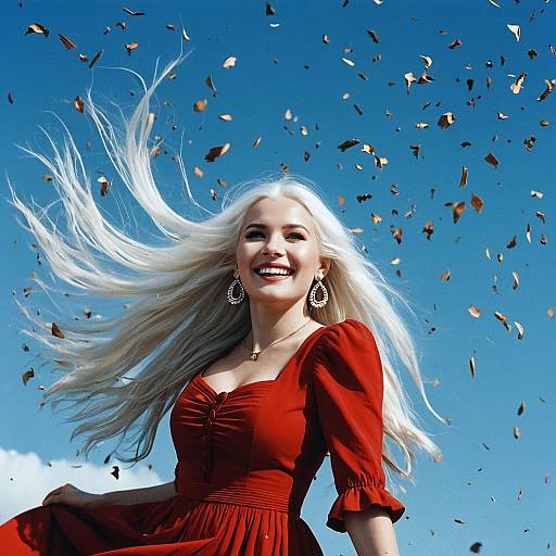 Happy Woman in Red Dress with Flowing Blonde Hair Amidst Falling Autumn Leaves