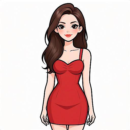 Digital Illustration of Woman in Red Bodycon Dress with Pretty Face and Hair