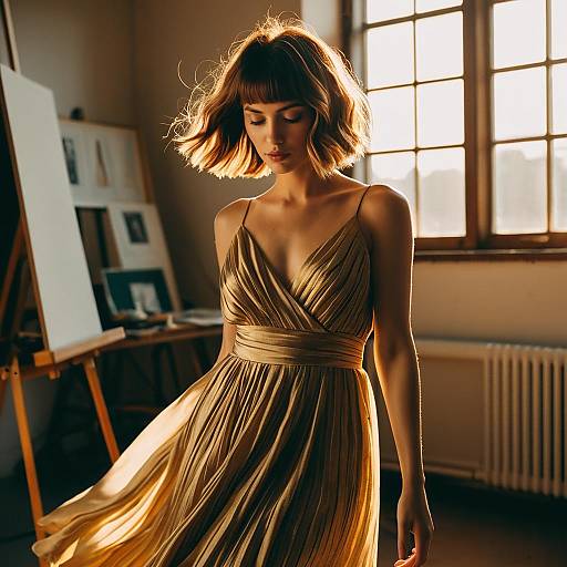 Woman in Flowing Golden Dress in Warm Sunlit Art Studio