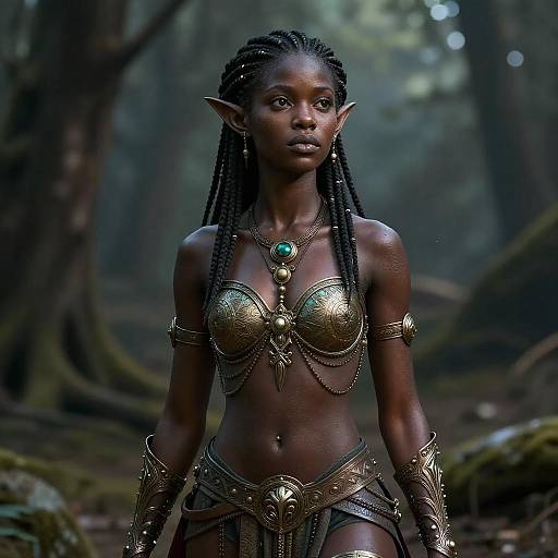 Fantasy Elf Warrior Woman in Bronze Armor with Braided Hair in Forest