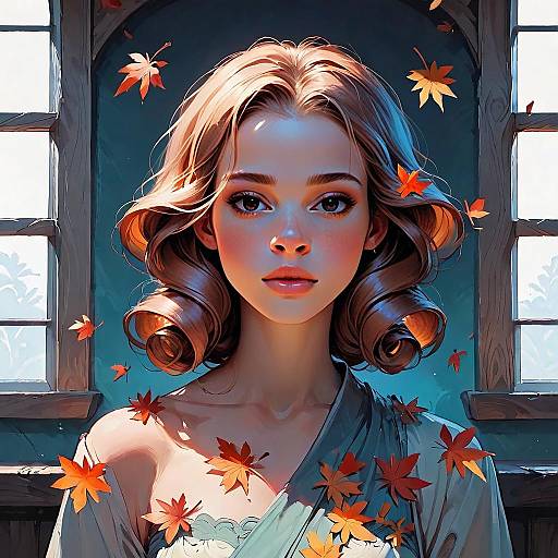 Autumn Portrait of a Woman with Falling Leaves Digital Painting