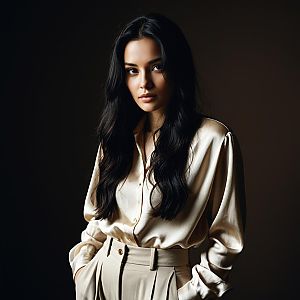 Elegant Portrait of Woman in Cream Silk Blouse and High-Waisted Trousers