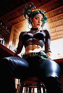 Edgy Cyberpunk Woman with Green Hair in Modern Indoor Setting