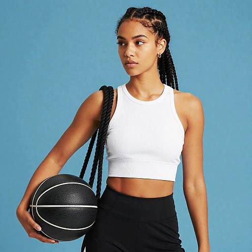 Sporty Young Woman Holding Black Basketball in White Crop Top