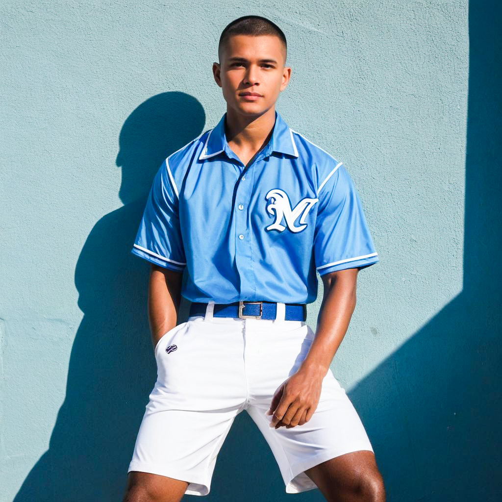 Confident Young Man in Blue Shirt Against Light Blue Wall