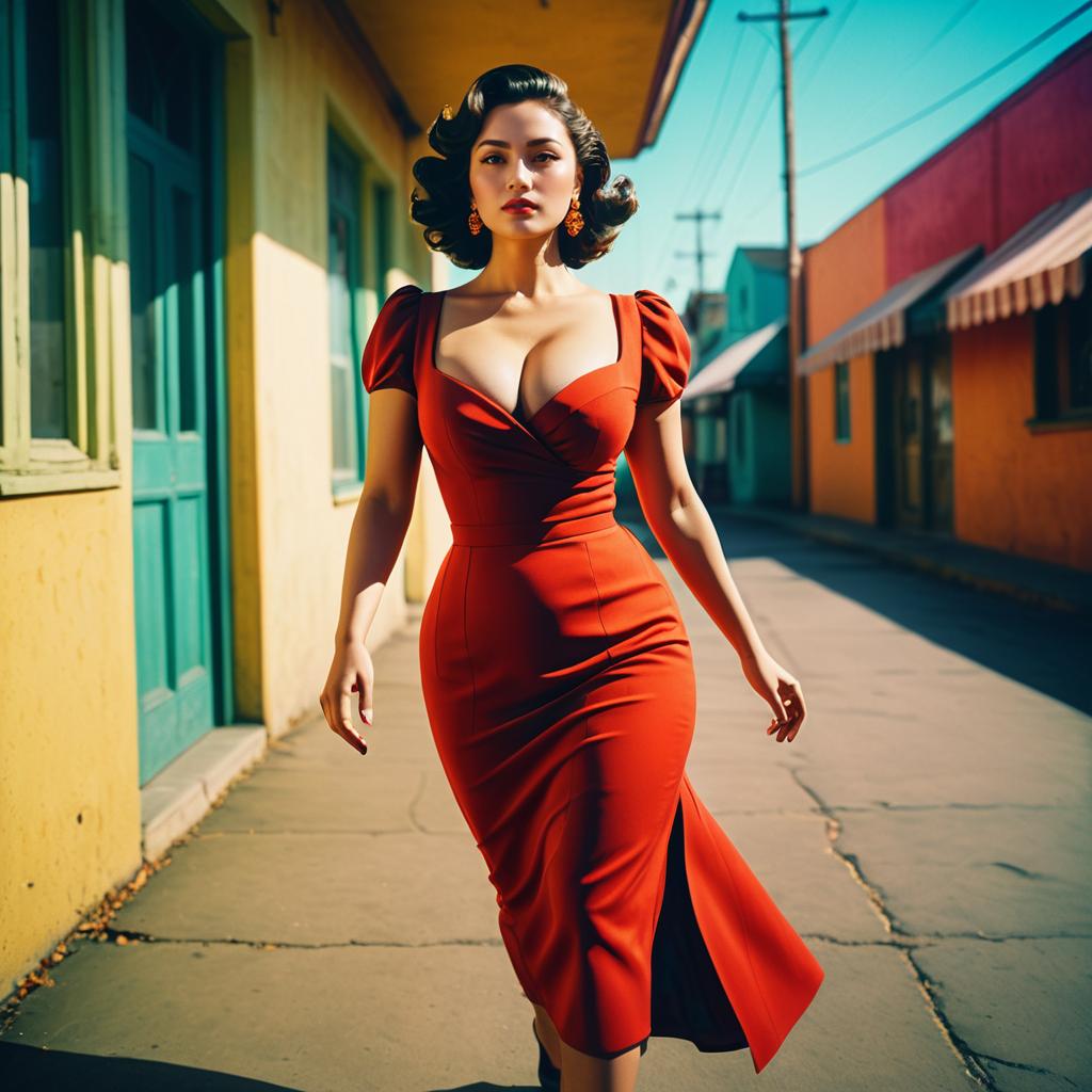 Confident Woman in Vintage Red Dress on Sunlit Street