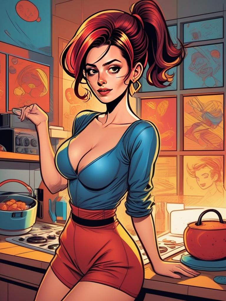 Confident Woman in Stylish Kitchen - Comic Art