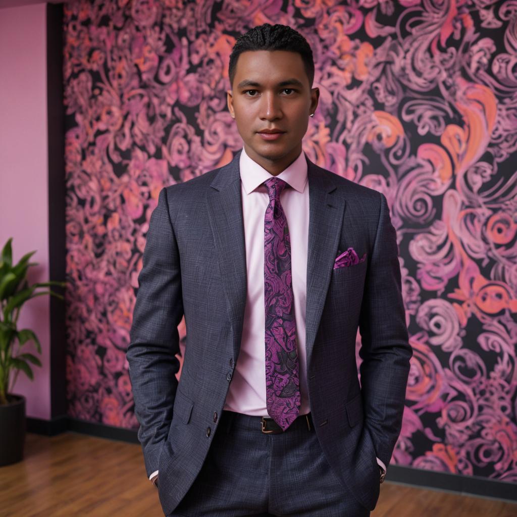 Confident Man in Sharp Suit with Artistic Background