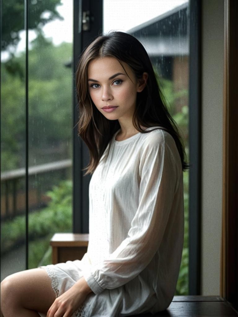 Woman in White Dress by Rainy Window