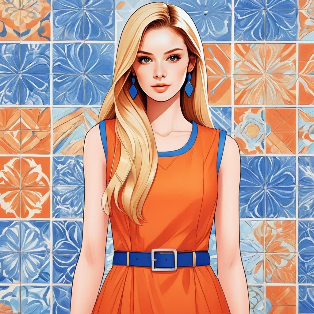 Stylish Woman in Orange Dress with Blue Accessories Against Floral Tiled Background