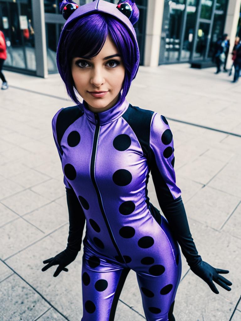 Woman in Purple Miraculous Ladybug Costume with Polka Dots Cinematic Realism