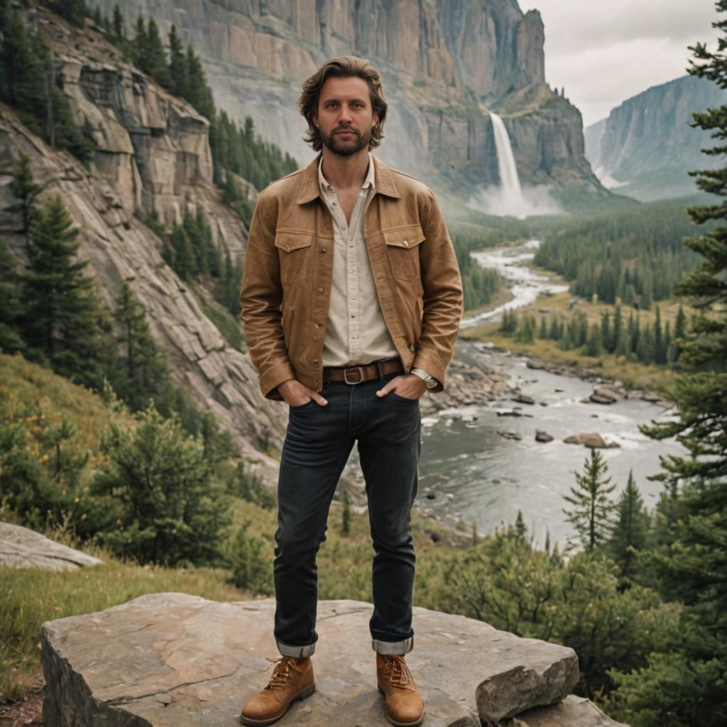 Confident Man in Nature by Waterfall