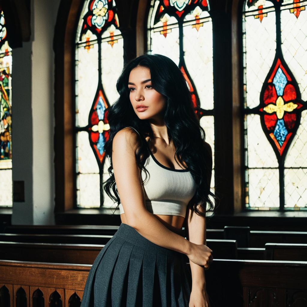 Contemplative Woman in Church with Stained Glass