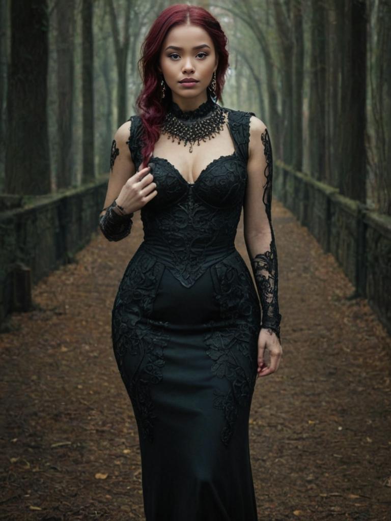 Woman in Dramatic Black Gown on Forest Path