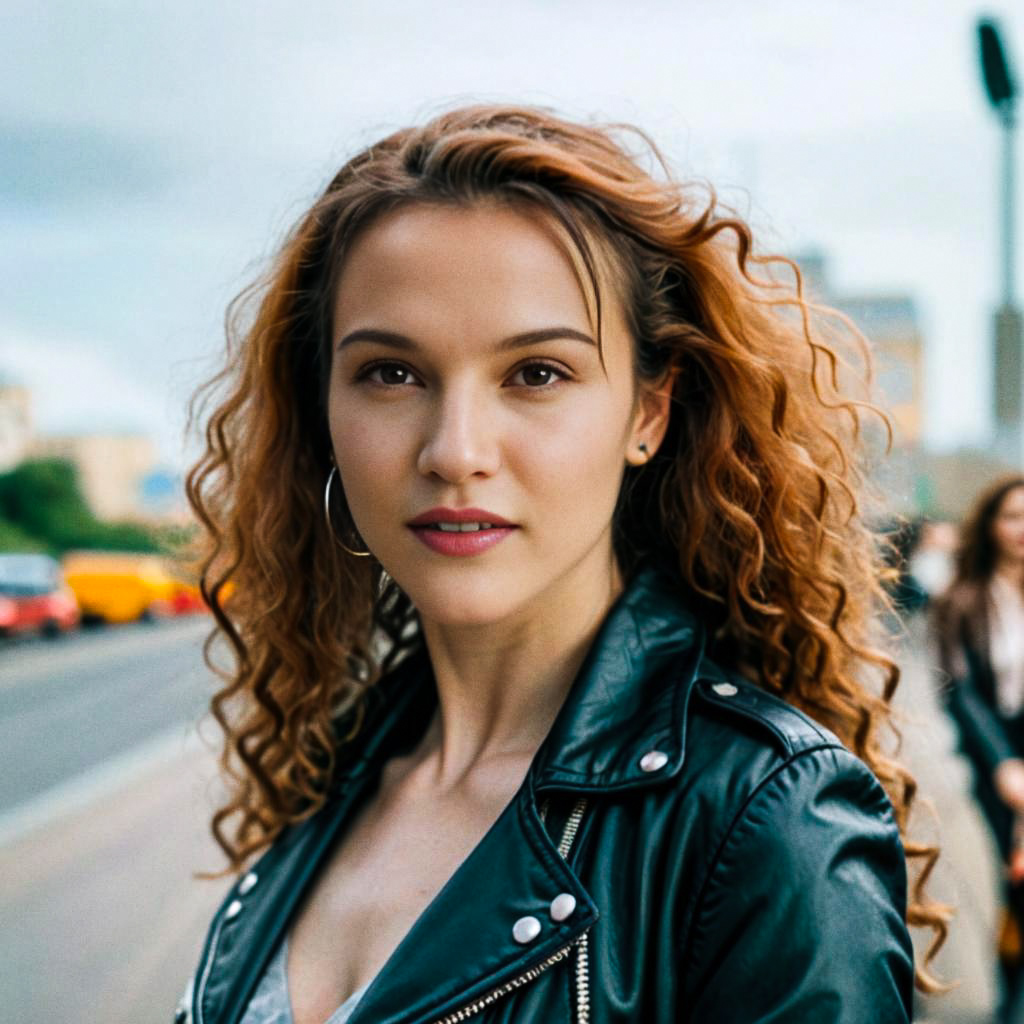 Stylish Young Woman in Leather Jacket on City Street