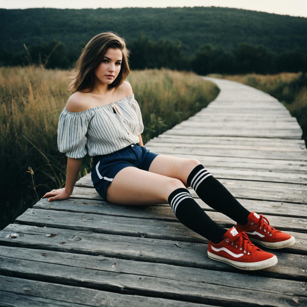 Young Woman Sitting on Wooden Boardwalk in Casual Outfit with Red Sneakers