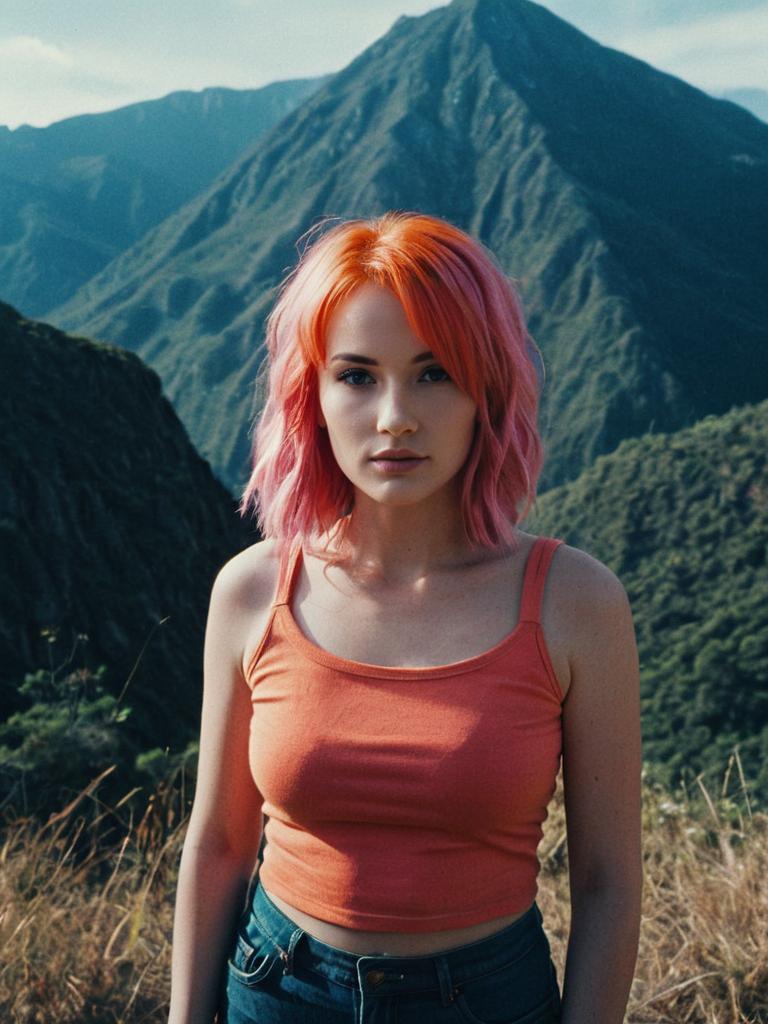 Young Woman with Orange Pink Hair Outdoors in Mountain Landscape