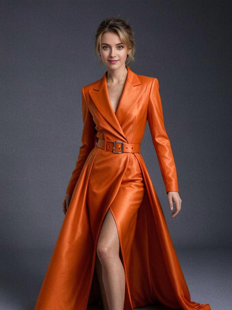 Elegant Woman in Orange Leather Dress