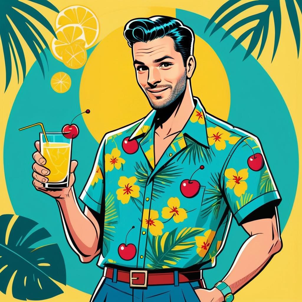Pop Art Illustration of Man in Hawaiian Shirt Holding Tropical Drink
