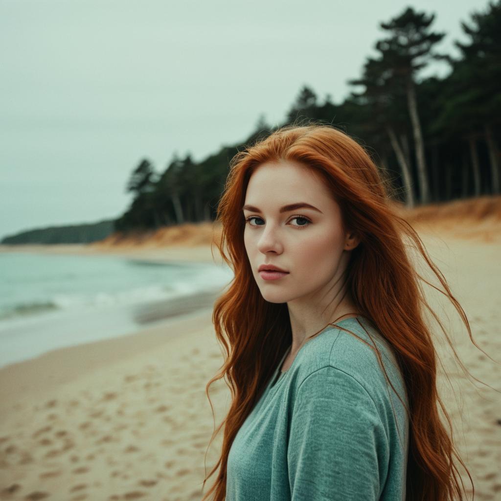 Portrait of a Red-Haired Woman on a Serene Beach with Pine Trees