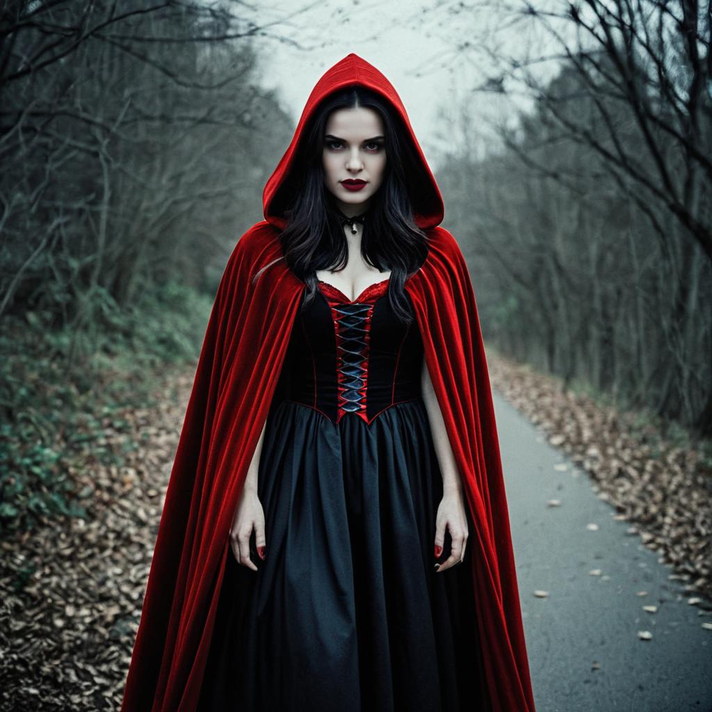 Woman in Red Vampire Costume Cape and Black Dress in Forest