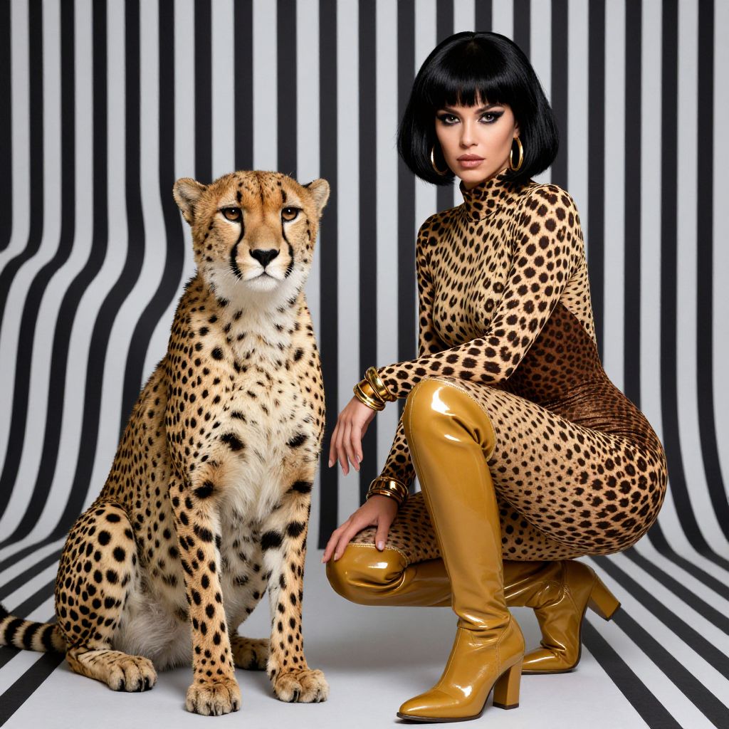 Fashion Model in Leopard Print Outfit Posing with Cheetah Against Striped Background